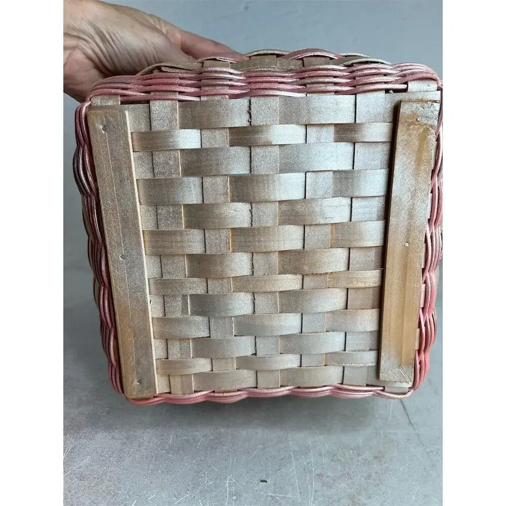 Vintage Pink‎ and wood Woven Basket with Handle 9”x9” Round